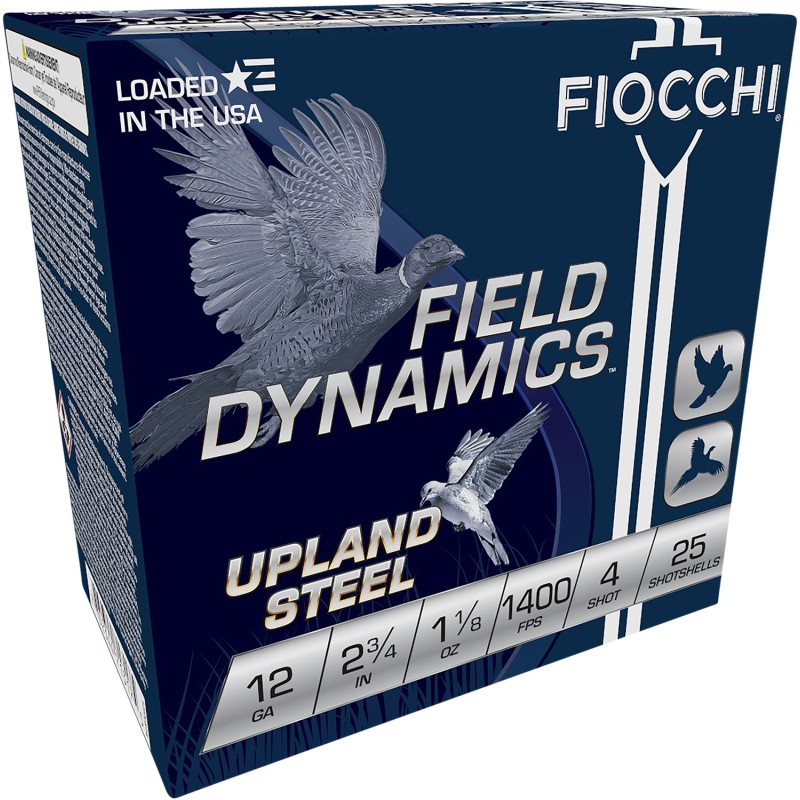 Fiocchi 12HVST4 Field Dynamics Upland Steel 12Gauge 2.75 1 18oz 4Shot 25 Per Box10 Case