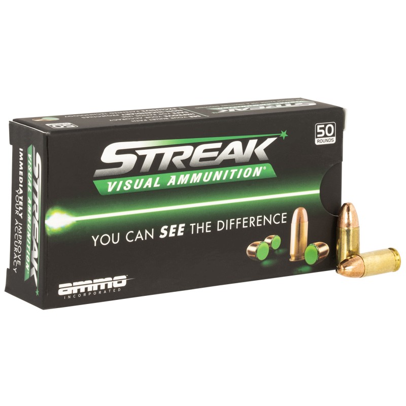 Ammo Inc 9115TMCSTRKGRN50 Streak Visual GREEN  9mm Luger 115gr Total Metal Case 50 Per Box20 Case