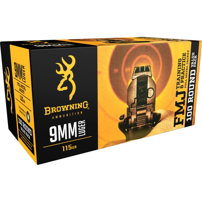 Browning Ammo B191800094 FMJ Value Pack 9mmLuger 115gr Full Metal Jacket 100 Per Box5 Case