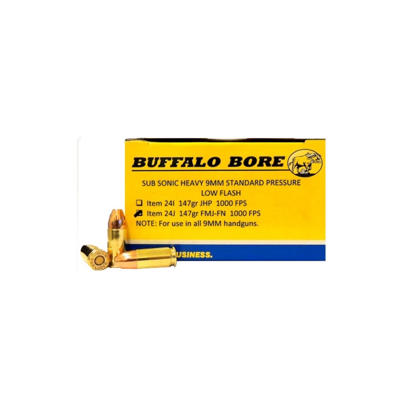 Buffalo Bore Ammunition 24J20 Subsonic Strictly Business 9mmLuger 147gr Full Metal Jacket Flat Nose 20 Per Box12 Case