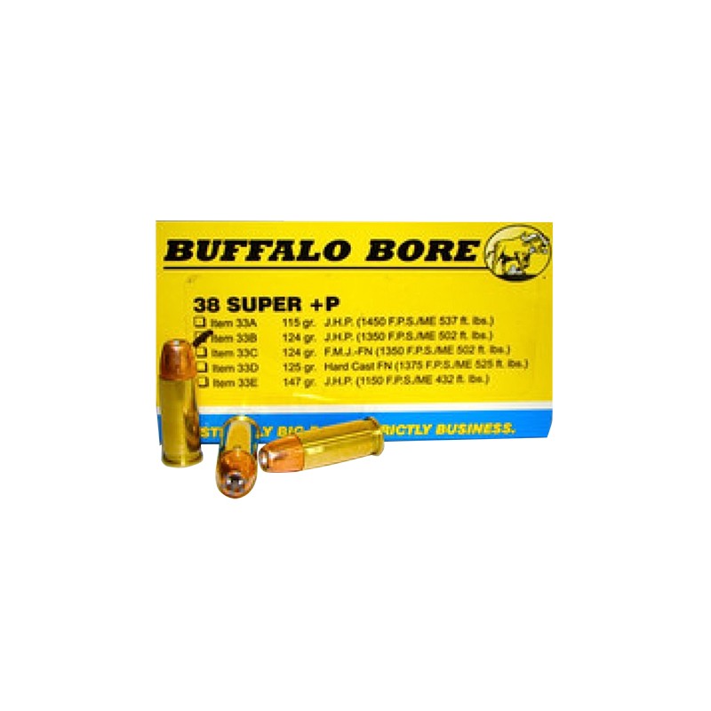 Buffalo Bore Ammunition 33B20 Personal Defense Strictly Business 38Super P 124gr Jacket Hollow Point 20 Per Box12 Case