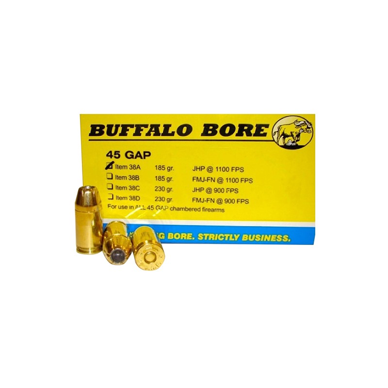 Buffalo Bore Ammunition 38A20 Personal Defense Strictly Business 45GAP 185gr Jacket Hollow Point 20 Per Box12 Case