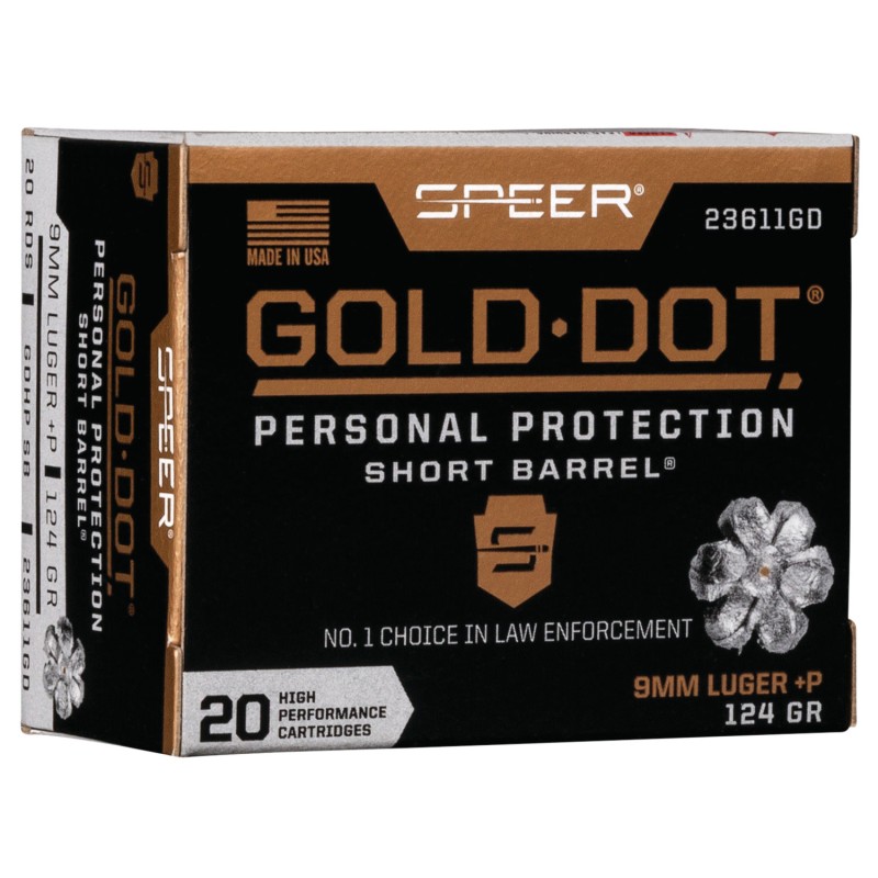 Speer 23611GD Gold Dot Personal Protection Short Barrel 9mmLugerP 124gr Hollow Point 20 Per Box10 Case