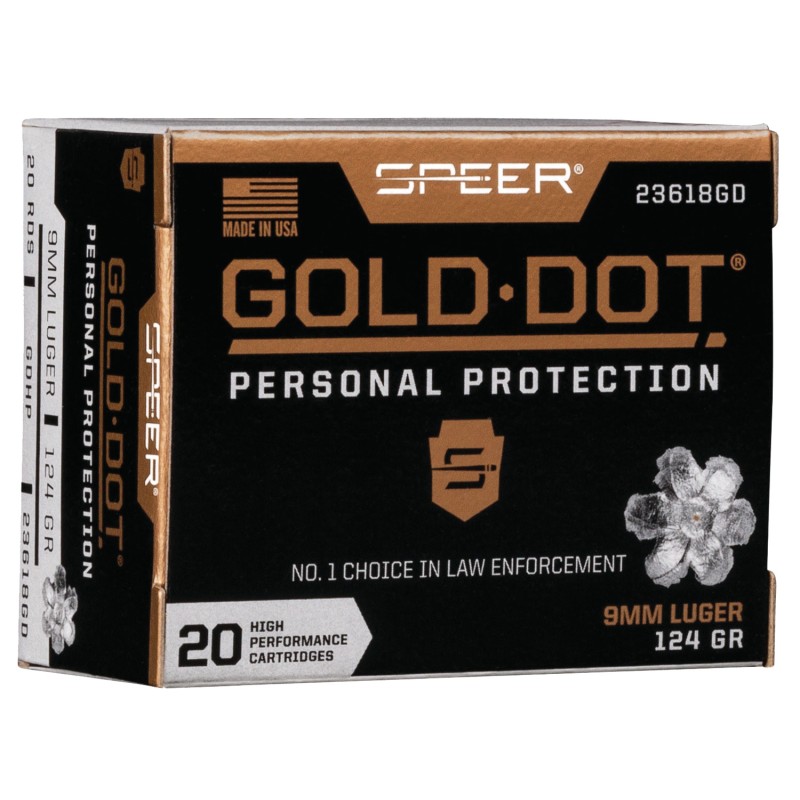 Speer 23618GD Gold Dot Personal Protection 9mmLuger 124gr Hollow Point 20 Per Box10 Case