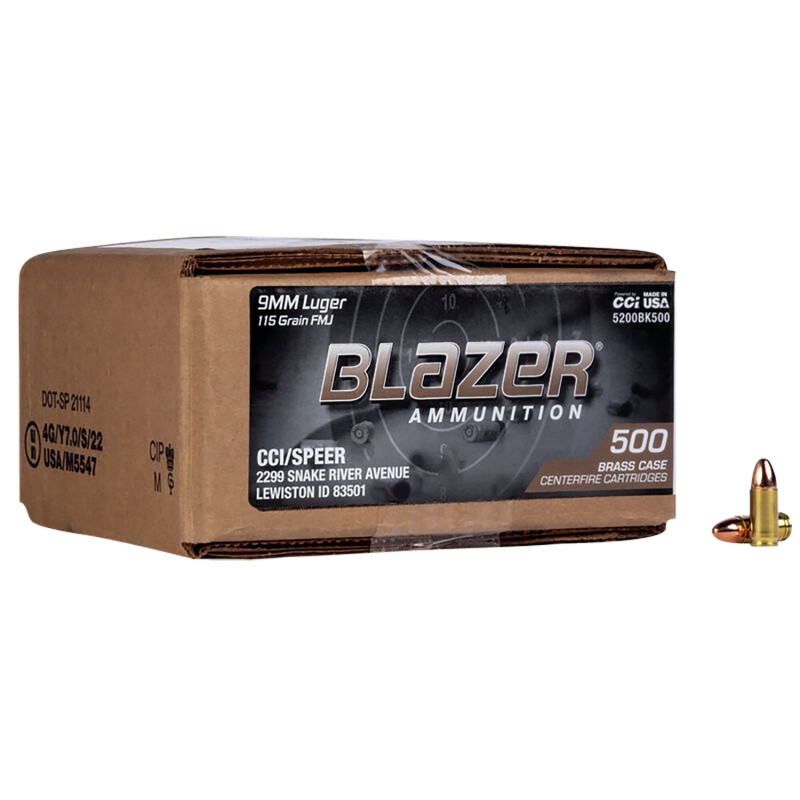 CCI 5200BK500 Blazer Brass Handgun 9mmLuger 115gr Full Metal Jacket 500 Per Box1 Case Loose