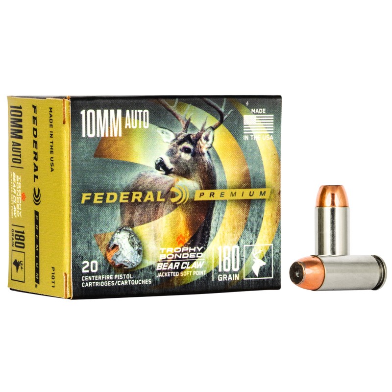 Federal P10T1 Premium  10mmAuto 180gr Trophy Bonded Bear Claw Jacketed Soft Point 20 Per Box10 Case