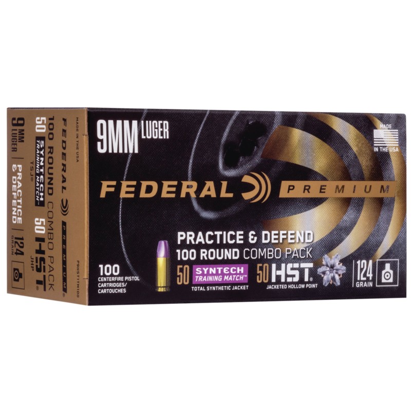 Federal P9HST1TM100 Premium Practice  Defend 9mmLuger 124gr HST JHPSyntech TSJ 100 Per Box5 Case