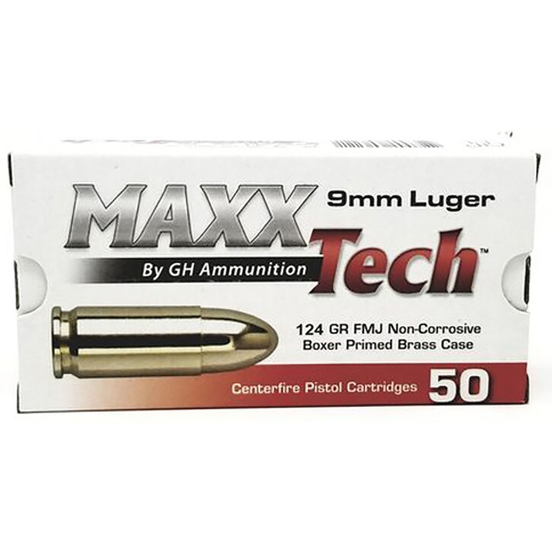 MaxxTech PTGB912B Brass Pistol  9mmLuger 124gr Full Metal Jacket 50 Per Box10 Case