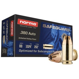 Norma Ammunition 803807680  Safeguard 380ACP 88gr Jacketed Hollow Point 50 Per Box20 Case