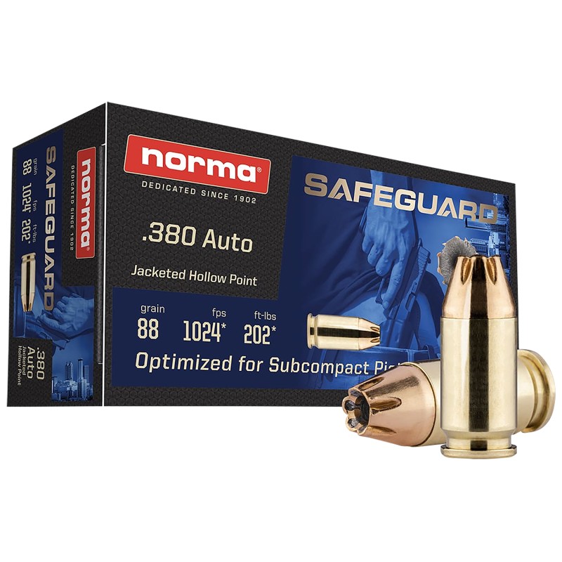 Norma Ammunition 803807680  Safeguard 380ACP 88gr Jacketed Hollow Point 50 Per Box20 Case