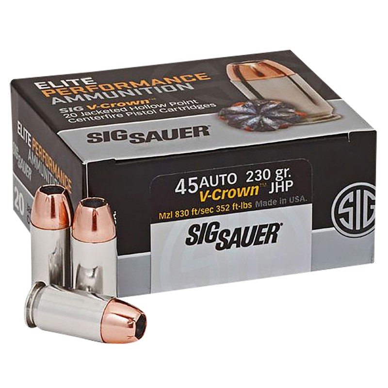 Sig Sauer E45AP220 Elite Performance  45ACP 230gr VCrown Jacketed Hollow Point 20 Per Box10 Case