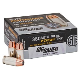 Sig Sauer E380A150 Elite Performance  380ACP 90gr VCrown Jacketed Hollow Point 50 Per Box10 Case