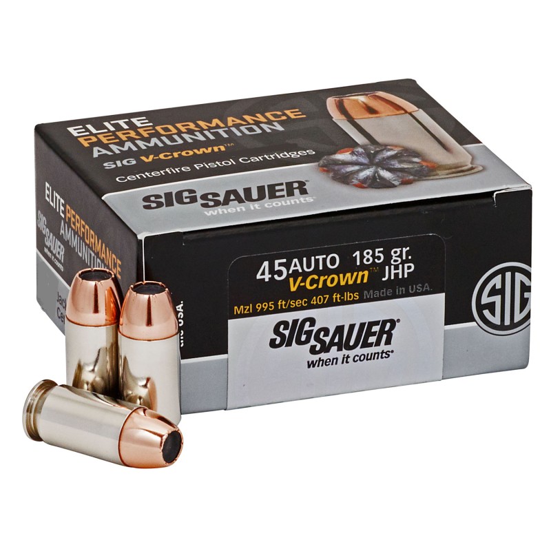 Sig Sauer E45AP050 Elite Performance  45ACP 185gr VCrown Jacketed Hollow Point 50 Per Box10 Case