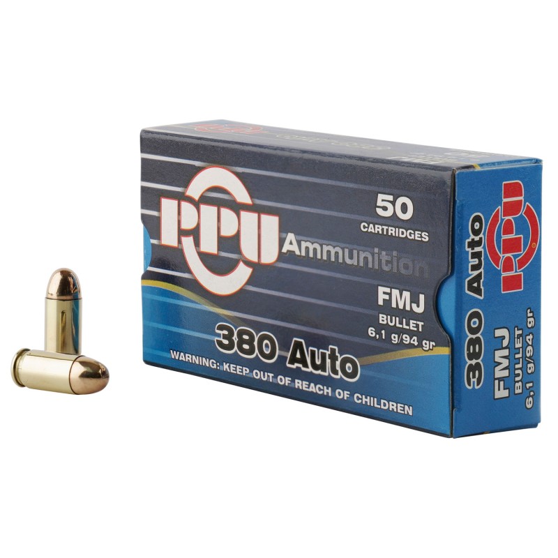 PPU PPH380AF Handgun  380ACP 94gr Full Metal Jacket 50 Per Box20 Case