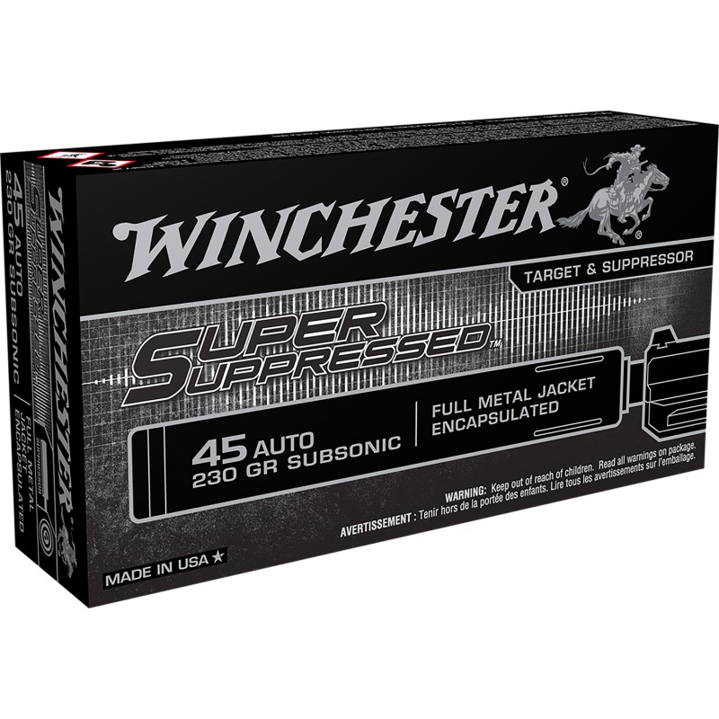 Winchester Ammo SUP45 Super Suppressed  45ACP Subsonic 230gr Encapsulated Full Metal Jacket 50 Per Box10 Case