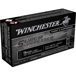 Winchester Ammo SUP9 Super Suppressed  9mmLuger Subsonic 147gr Encapsulated Full Metal Jacket 50 Per Box10 Case