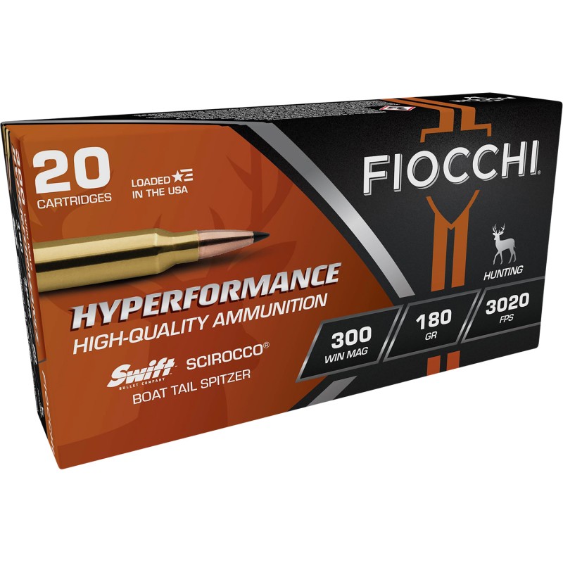 Fiocchi 300WMSCA Hyperformance  300WinMag 180gr Swift Scirocco II Boat Tail Spitzer 20 Per Box10 Case