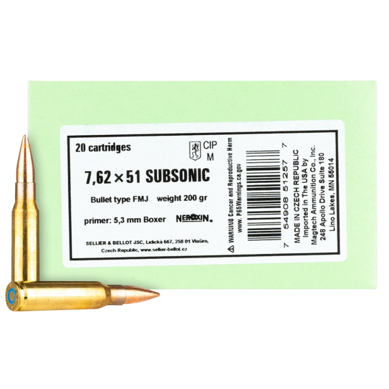 Sellier  Bellot SB762SUBB Rifle  308Win 200gr Full Metal Jacket Subsonic 20 Per Box25 Case