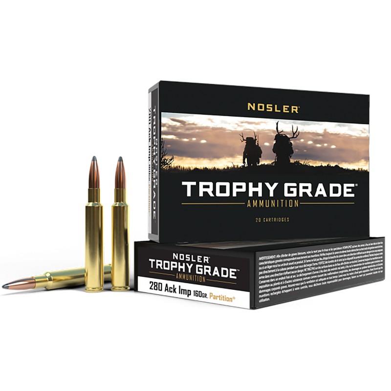 Nosler 60044 Trophy Grade  280Ackley Improved 160gr Nosler Spitzer Partition 20 Per Box10 Case