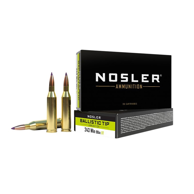 Nosler 40050 Ballistic Tip  243Win 90gr Spitzer Ballistic Tip 20 Per Box10 Case