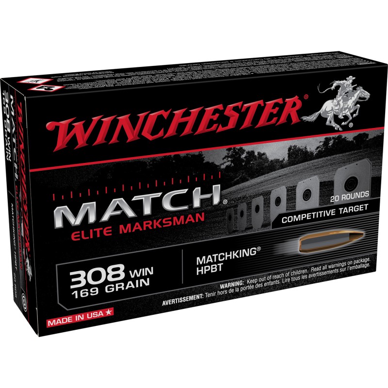 Winchester Ammo S308M2 Match Elite Marksman 308Win 169gr Sierra MatchKing BTHP 20 Per Box10 Case